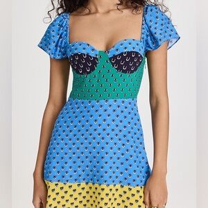 STAUD Blue Green Yellow Mixed-Print Sweetheart Dress